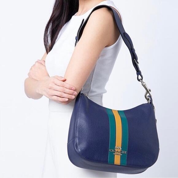 Coach Jes Navy Leather Varsity Stripe Hobo Shoulder Bag Silver Hardware - Picture 1 of 16